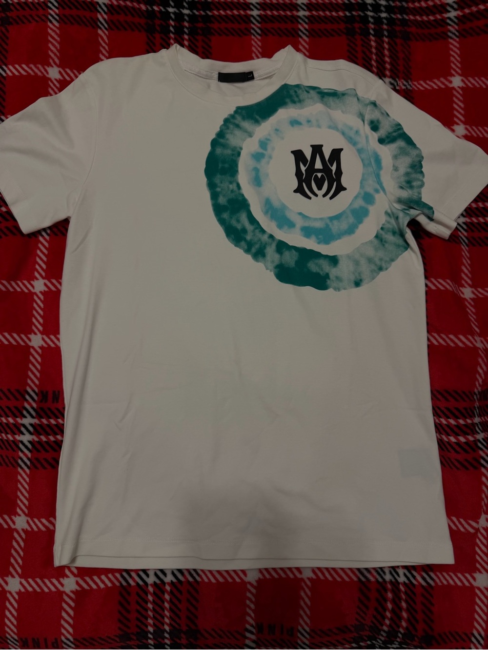 AMIRI White Tee with Teal Circular Tie-Dye and Monogram
